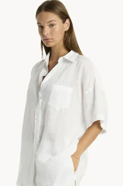 Tops|Sea Level Resort Linen Aloha Shirt White