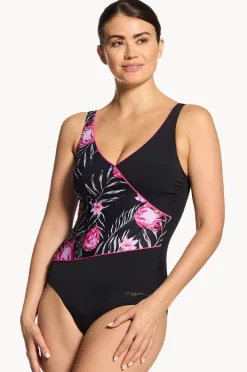 One Pieces|Zoggs Safari Leaf Wrap Front One Piece Black/pink