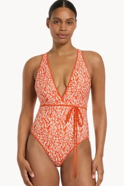 One Pieces|Jets Sereno Ditsy Plunge Waist Tie One Piece Coral