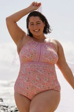 One Pieces|Capriosca Seychelles Keyhole High Neck One Piece Coral