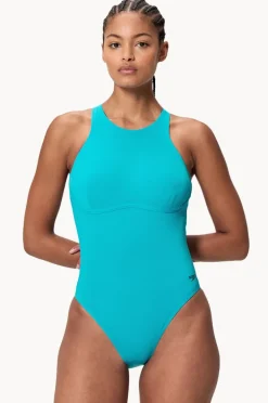 One Pieces|Speedo Solid Racerback Zip One Piece Blue