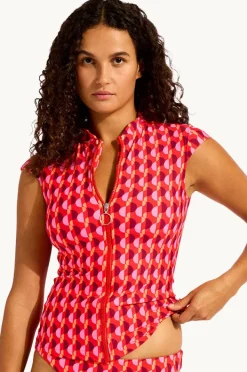 Rashies & Sunsuits|Seafolly Sorrento Cap Sleeve Suntop Flame