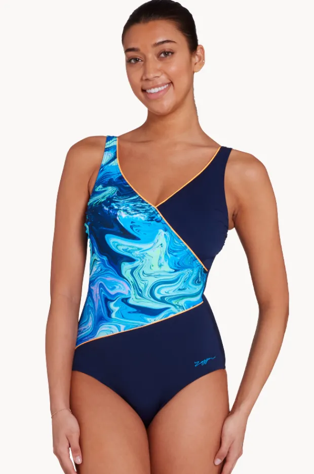 One Pieces|Zoggs Spatial Wrap Front One Piece NAVY/BLUE