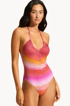 One Pieces|Seafolly Spectrum Drawstring V Neck One Piece Hot pink