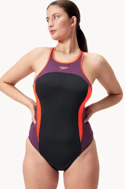 One Pieces|Speedo Splice Cross Back High Neck One Piece Black/Red