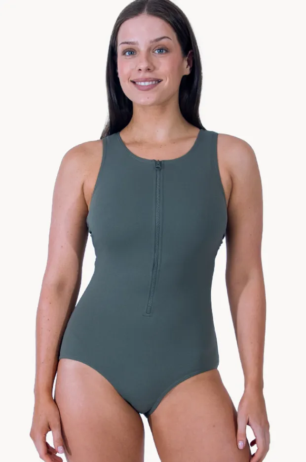 One Pieces|Base Swim Sports Zip Through One Piece Khaki