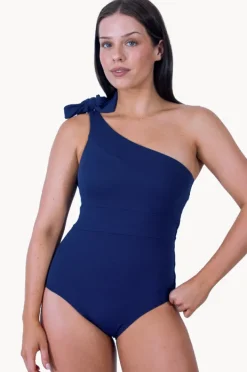 One Pieces|Une Piece Textured Classic One Shoulder One Piece Navy