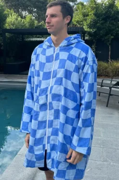 Towel Robes & Ponchos|Towel Robes & Ponchos|Back Beach Co Tidal Checker Hooded Towelling Robe L/XL Blue