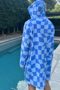Towel Robes & Ponchos|Towel Robes & Ponchos|Back Beach Co Tidal Checker Hooded Towelling Robe L/XL Blue