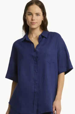 Tops|Sea Level Tidal Linen Aloha Shirt French navy