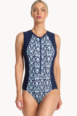 One Pieces|Jantzen Tile Active Zip One Piece Navy