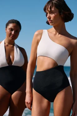 One Pieces|Jets Versa Rib One Shoulder One Piece Black/cream