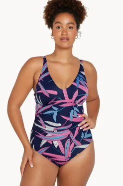 One Pieces|Genevieve Vintage Palms Sweetheart One Piece Navy/Pink