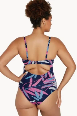 One Pieces|Genevieve Vintage Palms Sweetheart One Piece Navy/Pink