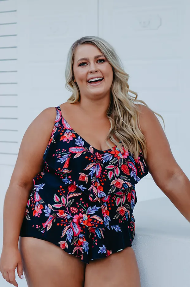 Tankini Tops|Capriosca Wild Berries Tiered Tankini Separate Black/red