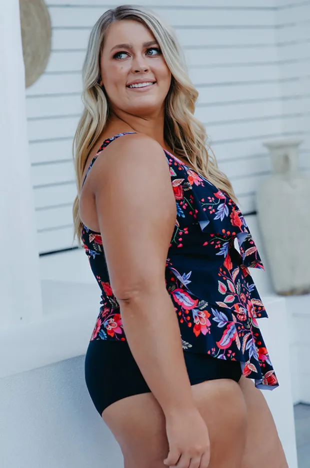 Tankini Tops|Capriosca Wild Berries Tiered Tankini Separate Black/red