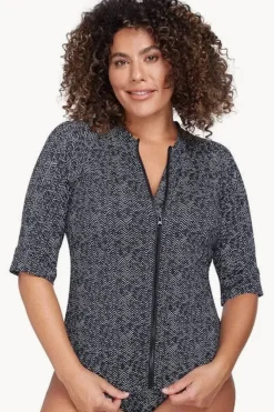 Rashies & Sunsuits|Artesands Zig Zag Short Sleeve Zip Suntop Zig zag black